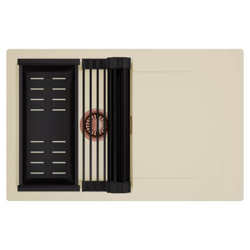 HD Onyx Beige 78 egymedencés mosogatótálca szett, matt fekete csepegtetőráccsal és kosárral, csepegtetőtálcával, soft bézs színben, szálcsiszolt réz leeresztő szifonnal