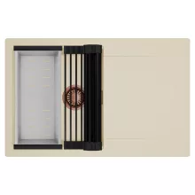 HD Onyx Beige 78 egymedencés mosogatótálca szett, matt fekete csepegtetőráccsal és krómozott kosárral, csepegtetőtálcával, soft bézs színben, szálcsiszolt réz leeresztő szifonnal