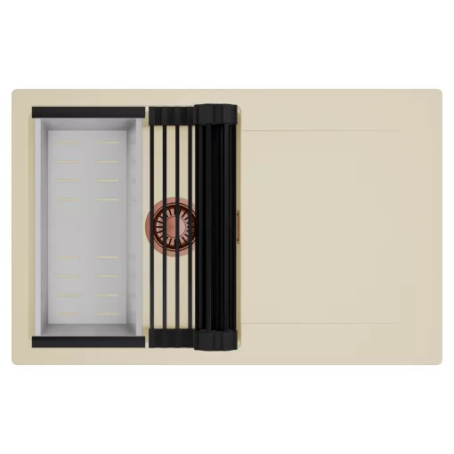 HD Onyx Beige 78 egymedencés mosogatótálca szett, matt fekete csepegtetőráccsal és krómozott kosárral, csepegtetőtálcával, soft bézs színben, szálcsiszolt réz leeresztő szifonnal