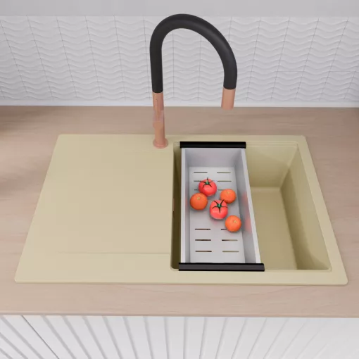 HD Onyx Beige 78 egymedencés mosogatótálca szett, matt fekete csepegtetőráccsal és krómozott kosárral, csepegtetőtálcával, soft bézs színben, szálcsiszolt réz leeresztő szifonnal