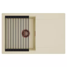 HD Onyx Beige 78 egymedencés mosogatótálca szett, matt fekete csepegtetőráccsal, csepegtetőtálcával, soft bézs színben, szálcsiszolt réz leeresztő szifonnal