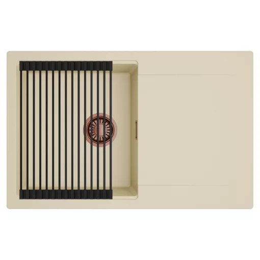 HD Onyx Beige 78 egymedencés mosogatótálca szett, matt fekete csepegtetőráccsal, csepegtetőtálcával, soft bézs színben, szálcsiszolt réz leeresztő szifonnal