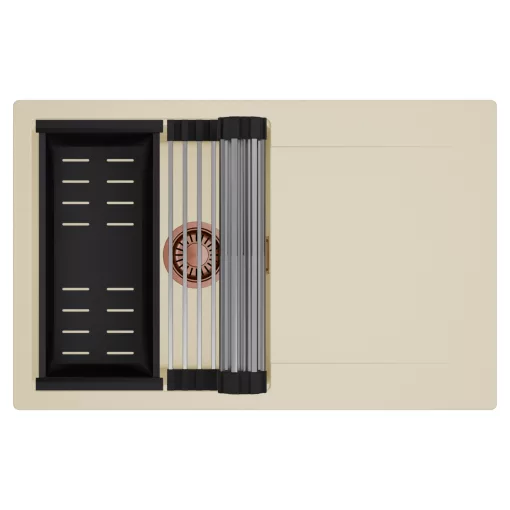 HD Onyx Beige 78 egymedencés mosogatótálca szett, acél csepegtetőráccsal és matt fekete kosárral, csepegtetőtálcával, soft bézs színben, szálcsiszolt réz leeresztő szifonnal