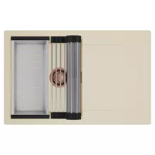 HD Onyx Beige 78 egymedencés mosogatótálca szett, acél csepegtetőráccsal és kosárral, csepegtetőtálcával, soft bézs színben, szálcsiszolt réz leeresztő szifonnal