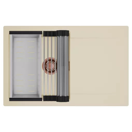 HD Onyx Beige 78 egymedencés mosogatótálca szett, acél csepegtetőráccsal és kosárral, csepegtetőtálcával, soft bézs színben, szálcsiszolt réz leeresztő szifonnal