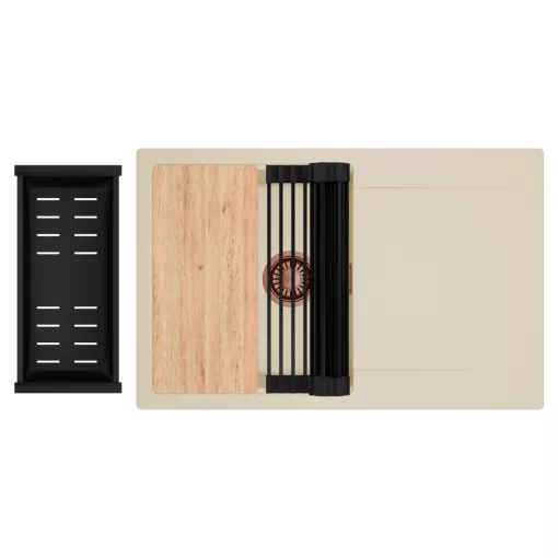 HD Onyx Beige 78 egymedencés gránit mosogatótálca szett, csepegtetőtálcával, vágódeszkával, matt fekete csepegtetőráccsal és kosárral, soft bézs színben, szálcsiszolt réz leeresztő szifonnal