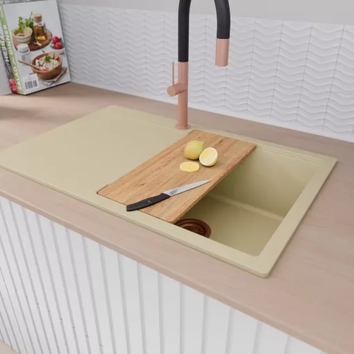 HD Onyx Beige 78 egymedencés gránit mosogatótálca szett, csepegtetőtálcával, vágódeszkával, matt fekete csepegtetőráccsal és kosárral, soft bézs színben, szálcsiszolt réz leeresztő szifonnal