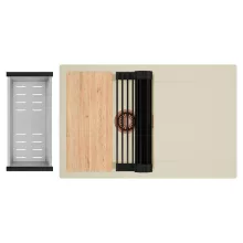 HD Onyx Beige 78 egymedencés gránit mosogatótálca szett, csepegtetőtálcával, vágódeszkával, matt fekete csepegtetőráccsal és krómozott kosárral, soft bézs színben, szálcsiszolt réz leeresztő szifonnal