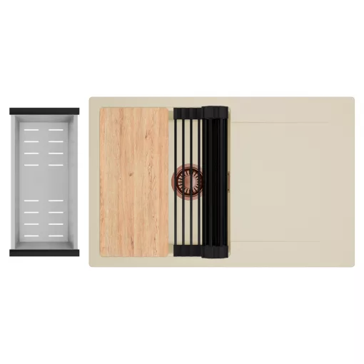 HD Onyx Beige 78 egymedencés gránit mosogatótálca szett, csepegtetőtálcával, vágódeszkával, matt fekete csepegtetőráccsal és krómozott kosárral, soft bézs színben, szálcsiszolt réz leeresztő szifonnal