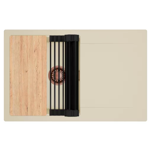 HD Onyx Beige 78 egymedencés gránit mosogatótálca szett, csepegtetőtálcával, vágódeszkával, matt fekete csepegtetőráccsal, soft bézs színben, szálcsiszolt réz leeresztő szifonnal