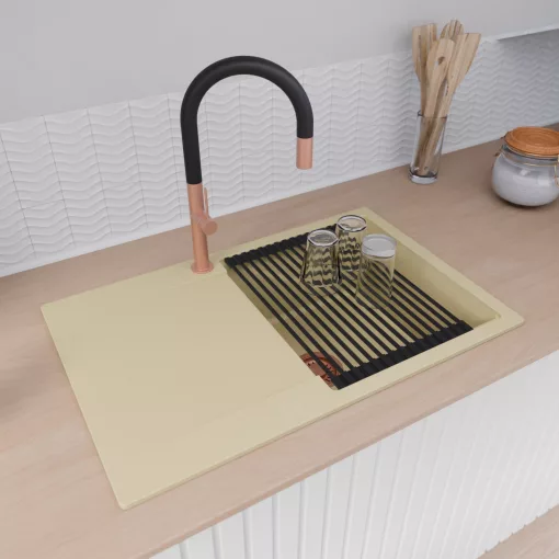 HD Onyx Beige 78 egymedencés gránit mosogatótálca szett, csepegtetőtálcával, vágódeszkával, matt fekete csepegtetőráccsal, soft bézs színben, szálcsiszolt réz leeresztő szifonnal