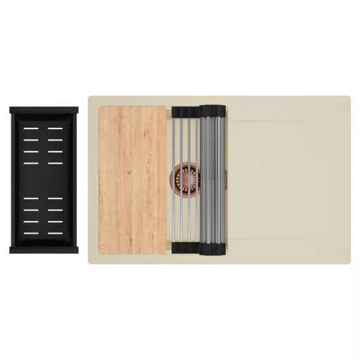 HD Onyx Beige 78 egymedencés gránit mosogatótálca szett, csepegtetőtálcával, vágódeszkával, acél csepegtetőráccsal és matt fekete kosárral, soft bézs színben, szálcsiszolt réz leeresztő szifonnal