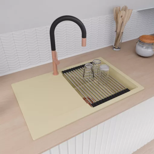 HD Onyx Beige 78 egymedencés gránit mosogatótálca szett, csepegtetőtálcával, vágódeszkával, acél csepegtetőráccsal és matt fekete kosárral, soft bézs színben, szálcsiszolt réz leeresztő szifonnal