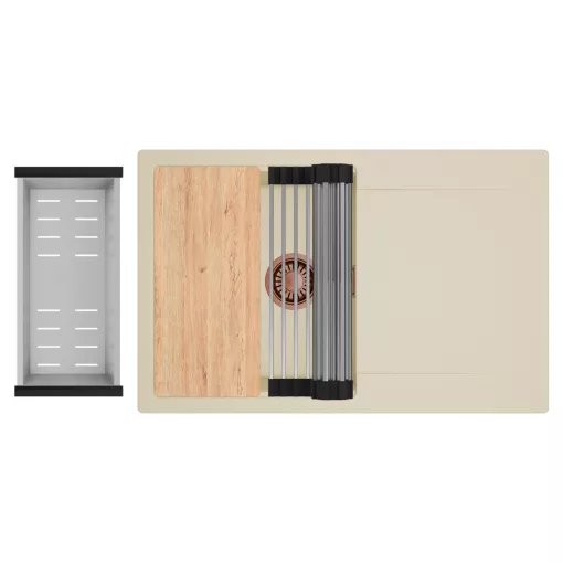 HD Onyx Beige 78 egymedencés gránit mosogatótálca szett, csepegtetőtálcával, vágódeszkával, acél csepegtetőráccsal és kosárral, soft bézs színben, szálcsiszolt réz leeresztő szifonnal