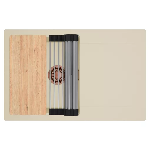 HD Onyx Beige 78 egymedencés gránit mosogatótálca szett, csepegtetőtálcával, vágódeszkával, acél csepegtetőráccsal, soft bézs színben, szálcsiszolt réz leeresztő szifonnal