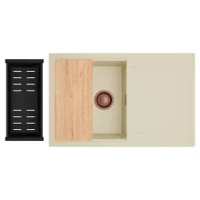 HD Onyx Beige 78 egymedencés gránit mosogatótálca szett, csepegtetőtálcával, vágódeszkával, matt fekete csepegtetőkosárral, soft bézs színben, szálcsiszolt réz leeresztő szifonnal