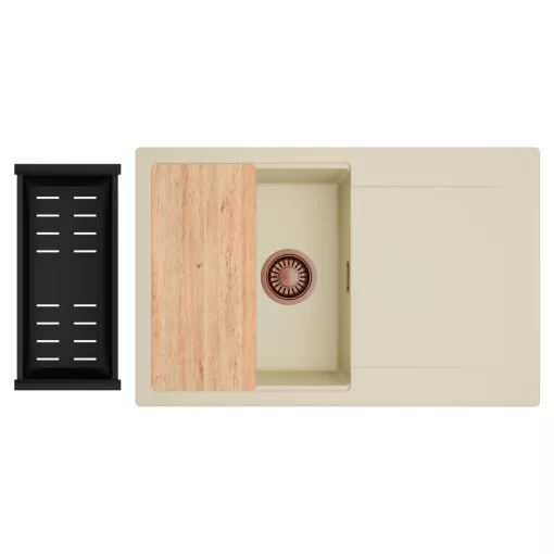 HD Onyx Beige 78 egymedencés gránit mosogatótálca szett, csepegtetőtálcával, vágódeszkával, matt fekete csepegtetőkosárral, soft bézs színben, szálcsiszolt réz leeresztő szifonnal