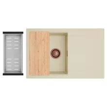 HD Onyx Beige 78 egymedencés gránit mosogatótálca szett, csepegtetőtálcával, vágódeszkával, acél csepegtetőkosárral, soft bézs színben, szálcsiszolt réz leeresztő szifonnal