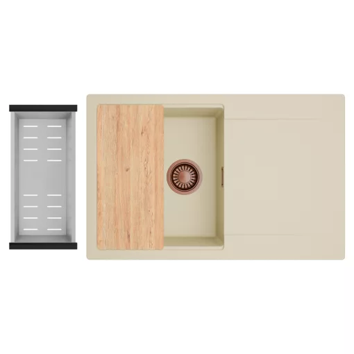 HD Onyx Beige 78 egymedencés gránit mosogatótálca szett, csepegtetőtálcával, vágódeszkával, acél csepegtetőkosárral, soft bézs színben, szálcsiszolt réz leeresztő szifonnal