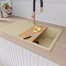 HD Onyx Beige 78 egymedencés gránit mosogatótálca szett, csepegtetőtálcával, vágódeszkával, acél csepegtetőkosárral, soft bézs színben, szálcsiszolt réz leeresztő szifonnal