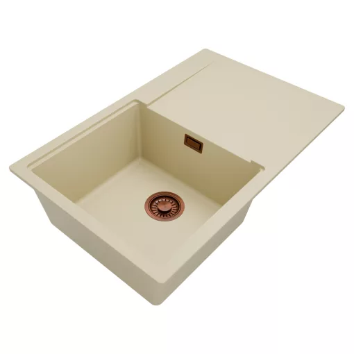 HD Onyx Beige 78 egymedencés gránit mosogatótálca, vágódeszkával, soft bézs színben, szálcsiszolt réz leeresztő szifonnal