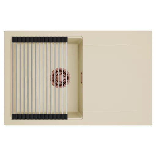 HD Onyx Beige 78 egymedencés mosogatótálca szett, acél csepegtetőráccsal, csepegtetőtálcával, soft bézs színben, szálcsiszolt réz leeresztő szifonnal