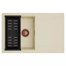 HD Onyx Beige 78 egymedencés mosogatótálca szett, matt fekete csepegtetőkosárral, csepegtetőtálcával, soft bézs színben, szálcsiszolt réz leeresztő szifonnal