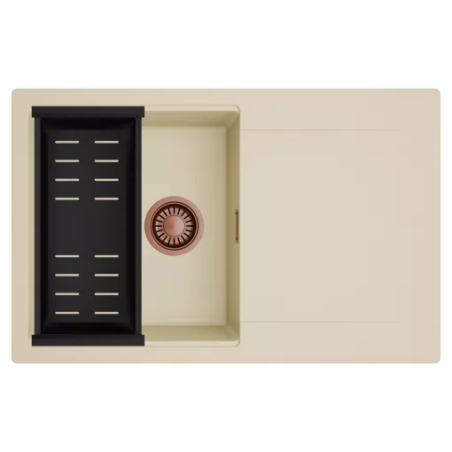 HD Onyx Beige 78 egymedencés mosogatótálca szett, matt fekete csepegtetőkosárral, csepegtetőtálcával, soft bézs színben, szálcsiszolt réz leeresztő szifonnal