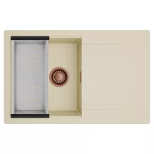 HD Onyx Beige 78 egymedencés mosogatótálca szett, acél csepegtetőkosárral, csepegtetőtálcával, soft bézs színben, szálcsiszolt réz leeresztő szifonnal