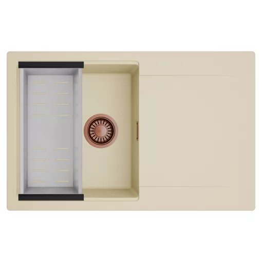 HD Onyx Beige 78 egymedencés mosogatótálca szett, acél csepegtetőkosárral, csepegtetőtálcával, soft bézs színben, szálcsiszolt réz leeresztő szifonnal