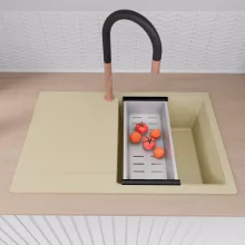 HD Onyx Beige 78 egymedencés mosogatótálca szett, acél csepegtetőkosárral, csepegtetőtálcával, soft bézs színben, szálcsiszolt réz leeresztő szifonnal