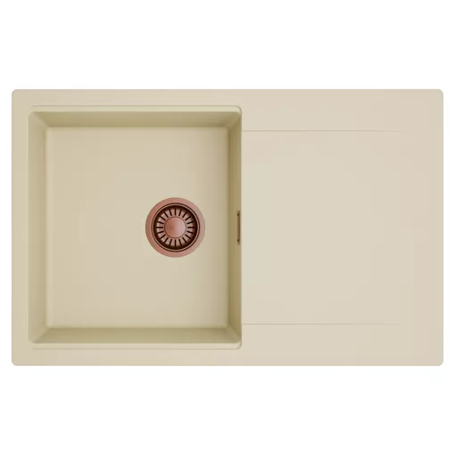 HD Onyx Beige 78 egymedencés mosogatótálca, csepegtetőtálcával, soft bézs színben, szálcsiszolt réz leeresztő szifonnal