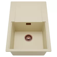 HD Onyx Beige 78 egymedencés mosogatótálca, csepegtetőtálcával, soft bézs színben, szálcsiszolt réz leeresztő szifonnal