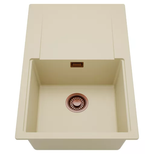 HD Onyx Beige 78 egymedencés mosogatótálca, csepegtetőtálcával, soft bézs színben, szálcsiszolt réz leeresztő szifonnal