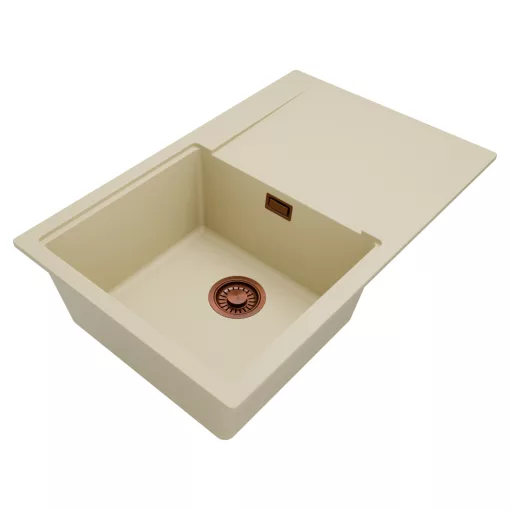 HD Onyx Beige 78 egymedencés mosogatótálca, csepegtetőtálcával, soft bézs színben, szálcsiszolt réz leeresztő szifonnal