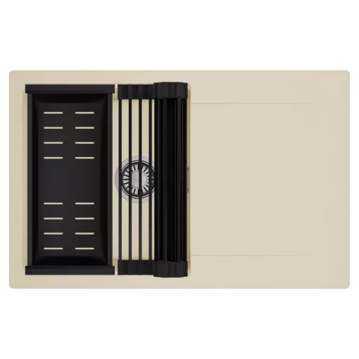 HD Onyx Beige 78 egymedencés mosogatótálca szett, matt fekete csepegtetőráccsal és kosárral, csepegtetőtálcával, soft bézs színben