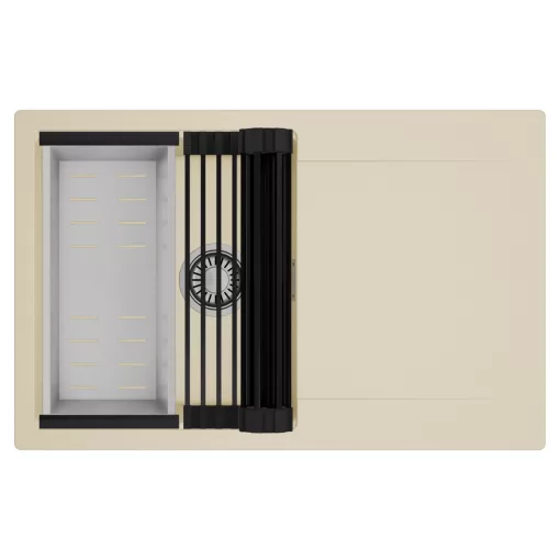 HD Onyx Beige 78 egymedencés mosogatótálca szett, matt fekete csepegtetőráccsal és krómozott kosárral, csepegtetőtálcával, soft bézs színben