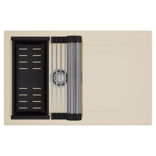 HD Onyx Beige 78 egymedencés mosogatótálca szett, acél csepegtetőráccsal és matt fekete kosárral, csepegtetőtálcával, soft bézs színben