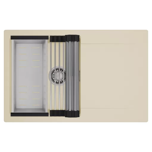 HD Onyx Beige 78 egymedencés mosogatótálca szett, acél csepegtetőráccsal és kosárral, csepegtetőtálcával, soft bézs színben