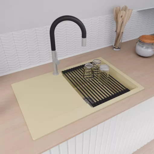 HD Onyx Beige 78 egymedencés gránit mosogatótálca szett, csepegtetőtálcával, vágódeszkával, matt fekete csepegtetőráccsal és kosárral, soft bézs színben