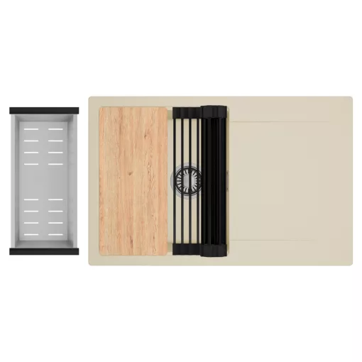 HD Onyx Beige 78 egymedencés gránit mosogatótálca szett, csepegtetőtálcával, vágódeszkával, matt fekete csepegtetőráccsal és krómozott kosárral, soft bézs színben