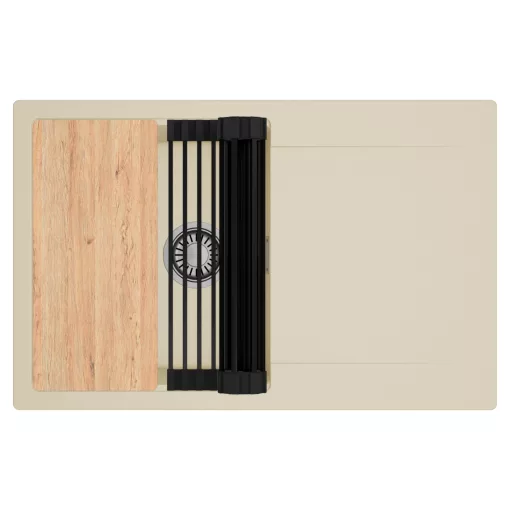 HD Onyx Beige 78 egymedencés gránit mosogatótálca szett, csepegtetőtálcával, vágódeszkával, matt fekete csepegtetőráccsal, soft bézs színben