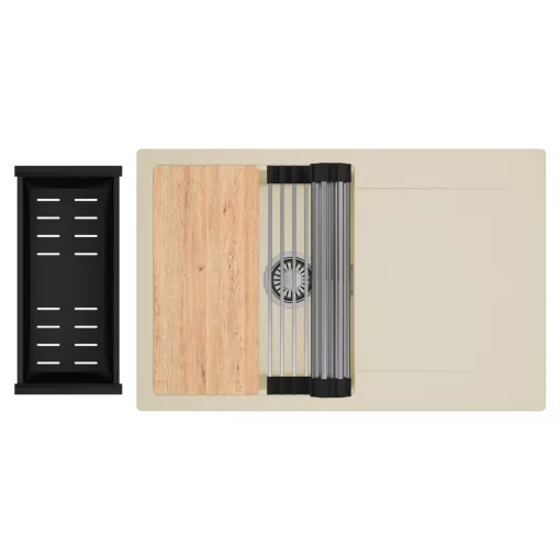 HD Onyx Beige 78 egymedencés gránit mosogatótálca szett, csepegtetőtálcával, vágódeszkával, acél csepegtetőráccsal és matt fekete kosárral, soft bézs színben