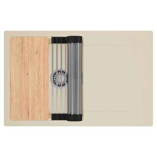 HD Onyx Beige 78 egymedencés gránit mosogatótálca szett, csepegtetőtálcával, vágódeszkával, acél csepegtetőráccsal, soft bézs színben