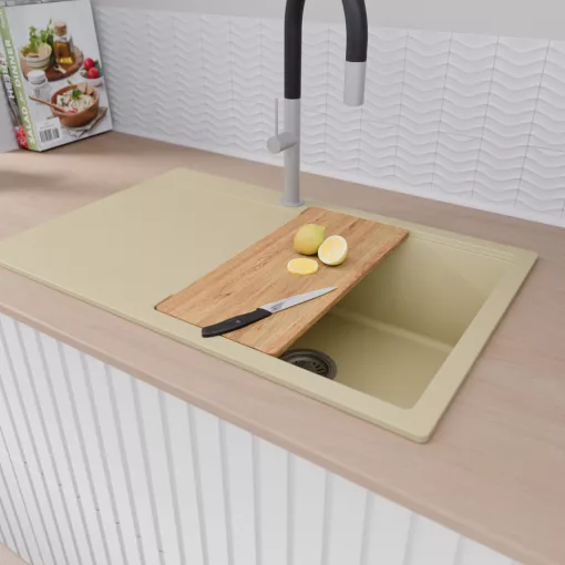 HD Onyx Beige 78 egymedencés gránit mosogatótálca szett, csepegtetőtálcával, vágódeszkával, acél csepegtetőráccsal, soft bézs színben