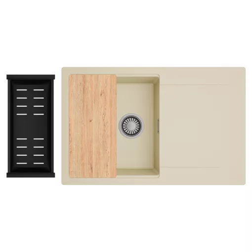 HD Onyx Beige 78 egymedencés gránit mosogatótálca szett, csepegtetőtálcával, vágódeszkával, matt fekete csepegtetőkosárral, soft bézs színben