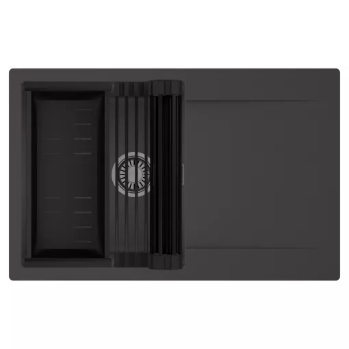 HD Onyx Antracit 78 egymedencés mosogatótálca szett, matt fekete csepegtetőráccsal és kosárral, csepegtetőtálcával, matt antracit színben, szálcsiszolt króm leeresztő szifonnal