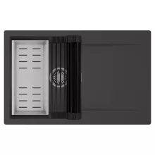 HD Onyx Antracit 78 egymedencés mosogatótálca szett, matt fekete csepegtetőráccsal és krómozott kosárral, csepegtetőtálcával, matt antracit színben, szálcsiszolt króm leeresztő szifonnal