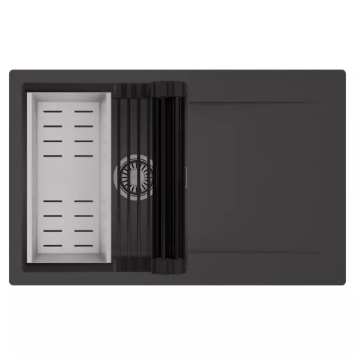 HD Onyx Antracit 78 egymedencés mosogatótálca szett, matt fekete csepegtetőráccsal és krómozott kosárral, csepegtetőtálcával, matt antracit színben, szálcsiszolt króm leeresztő szifonnal