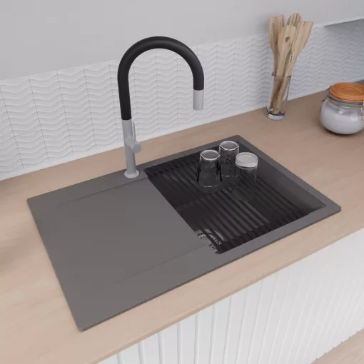 HD Onyx Antracit 78 egymedencés mosogatótálca szett, matt fekete csepegtetőráccsal és krómozott kosárral, csepegtetőtálcával, matt antracit színben, szálcsiszolt króm leeresztő szifonnal